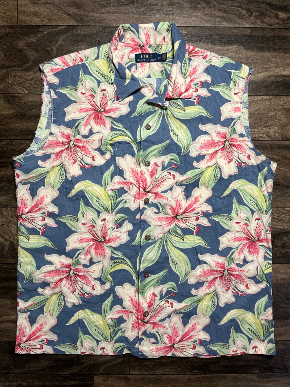 Polo Ralph Lauren Hawaiian Camp Shirt Mens L Floral Linen Blend Raw Sleeveless